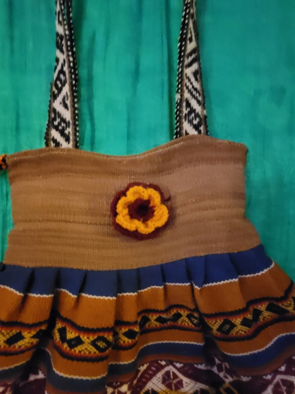 Handwoven Multicolor Boho Tote Bag with Flower Accent